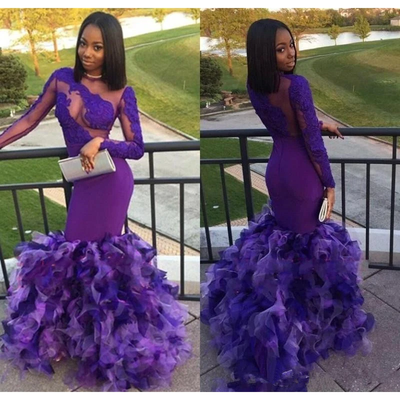 Женское вечернее платье русалка фиолетовое кружевное до пола с длинным рукавом и