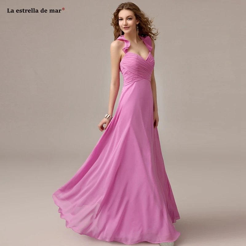 

Robe de demoiselle d'honneur pour mariage2019 new chiffon sexy V neck hanging neck backless A Line pink bridesmaid dress Floor
