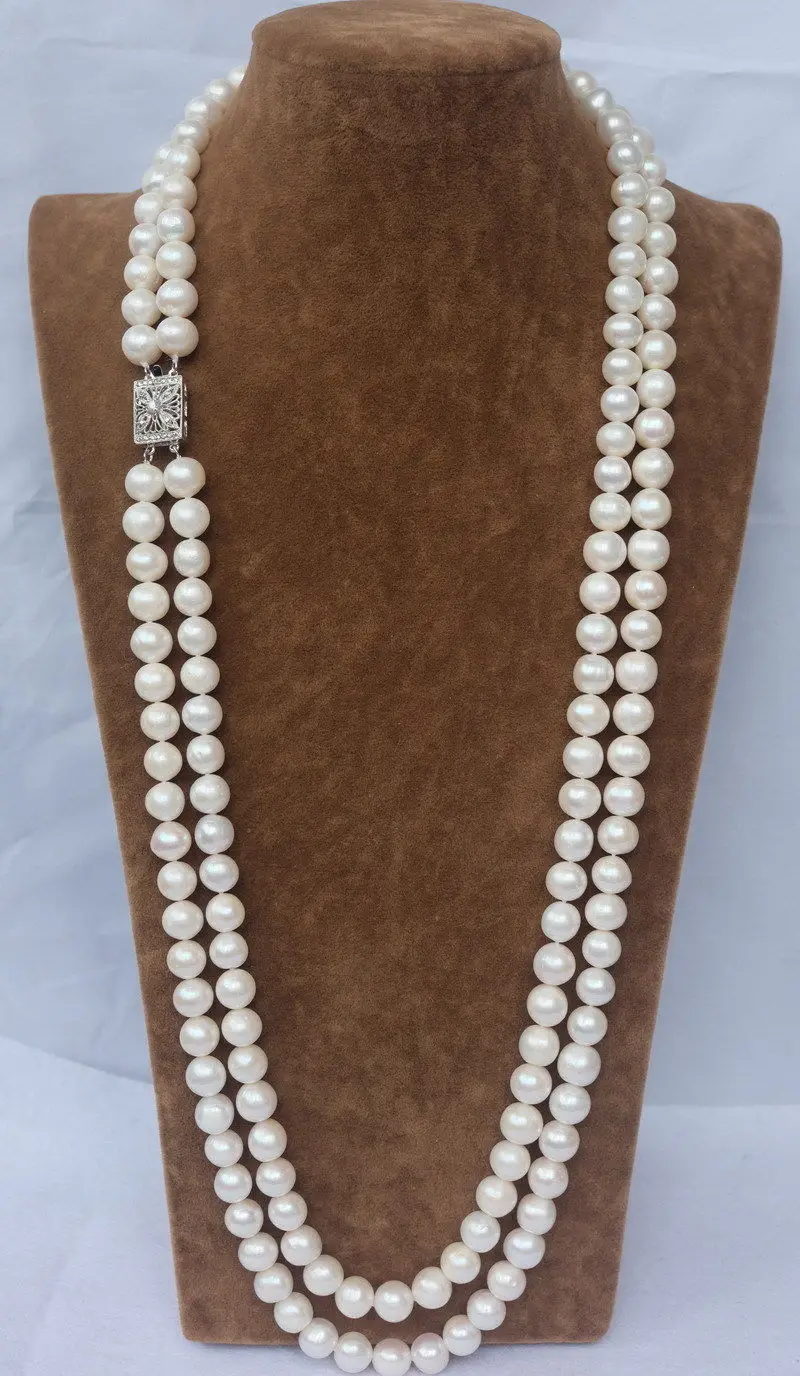 FREE Shipping 24 INCH DOUBLE STRANDS NEW SOUTH SEA AAA 9-10MM WHITE PEARL NECKLACE