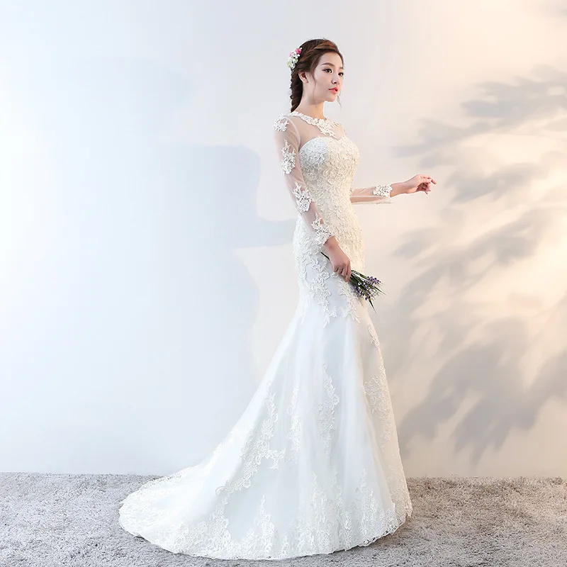 Vivian's Bridal 2018 корейский стиль белое свадебное платье Русалка Иллюзия Кружева
