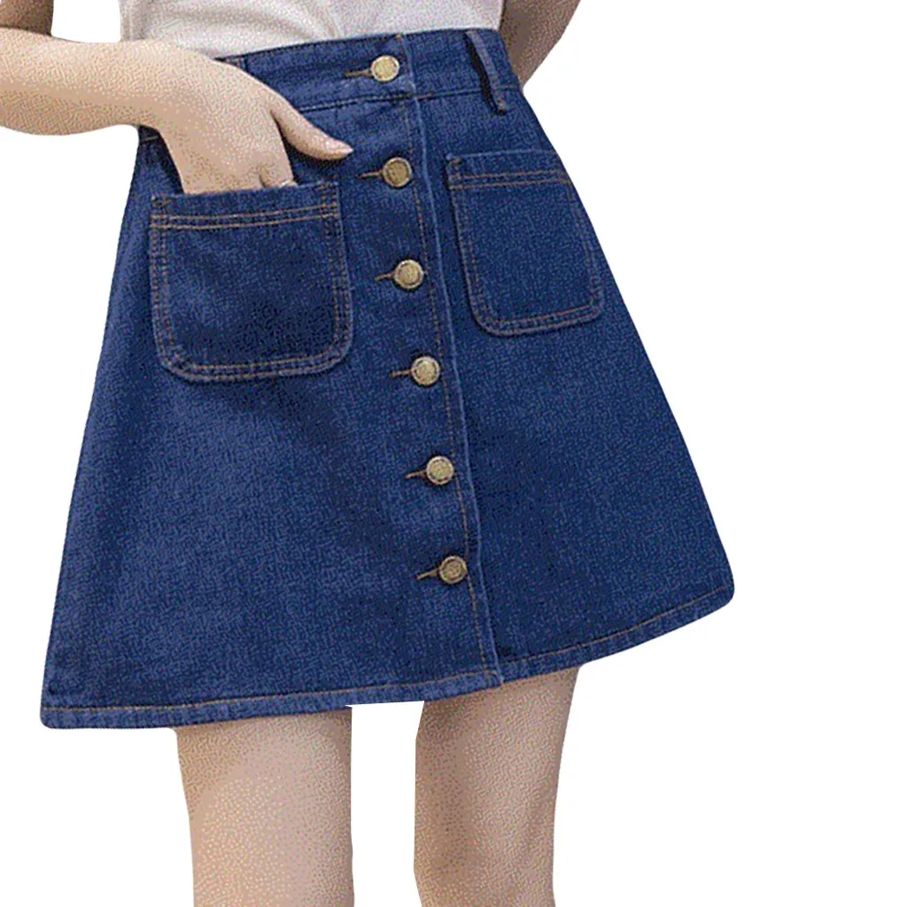 Fashion Women Leisure Denim A-Shaped Skirt Loose Button Pocket Short Skirt