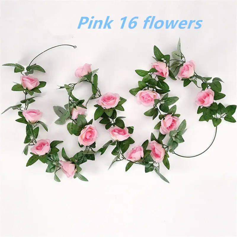 Pink-16 flower 1pcs/lot 230-250cm Artificial Flowers Silk Roses Ivy Vine diy with Green Leaves Fake leaf artificial flowers for home decoration - Цвет: Pink-16 flower