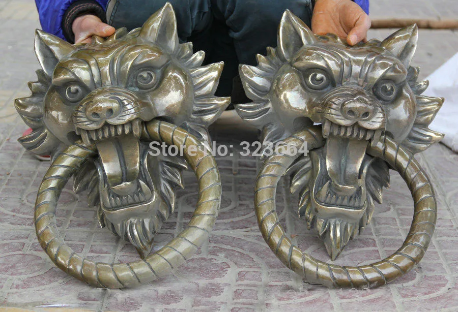 18 &quotКитайский медный волк голова зверя статуя дверной молоток пара C0320|door knocker