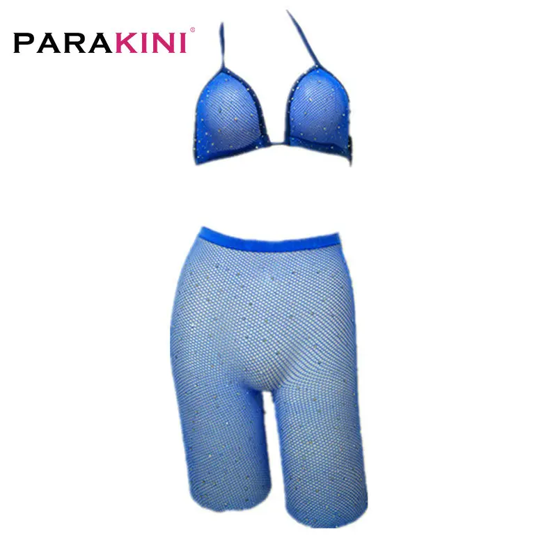 Blue PARAKINI, новинка, сверкающий Женский комплект 2 шт. комплект бикини в сеточку, летний купальник в сеточку, подиумный купальник, укороченные шорты, женские комплекты - Color: Blue