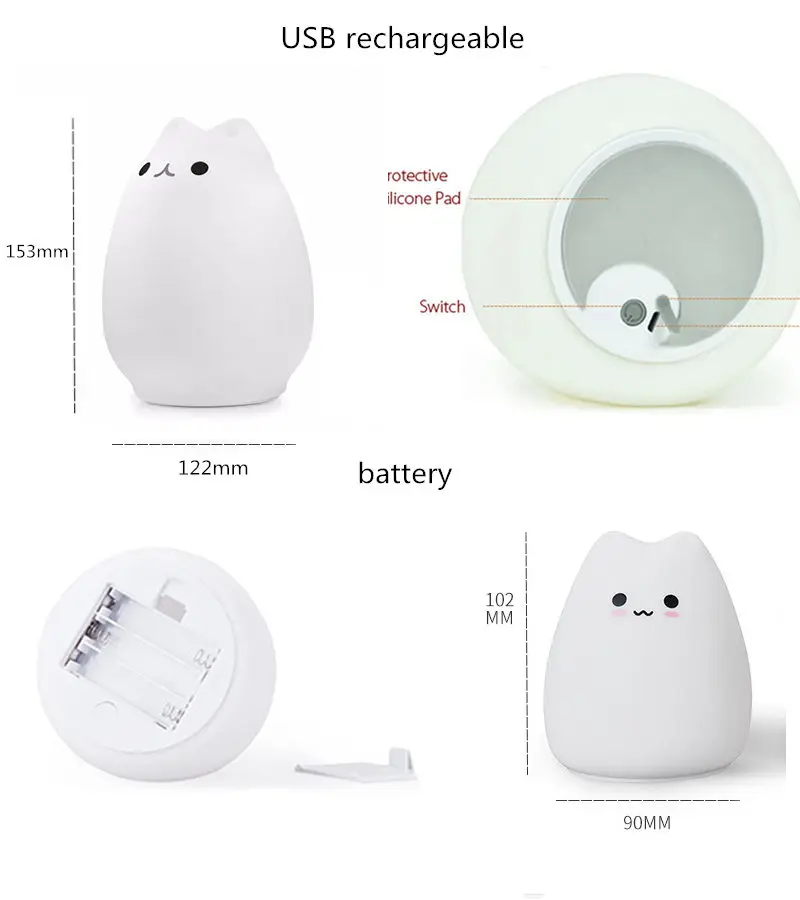 Cat USB светодиодный дети животных Ночной светильник силиконовый мягкий мультфильм детские ясли лампа дыхание светодиодный Ночной светильник 7 цветов