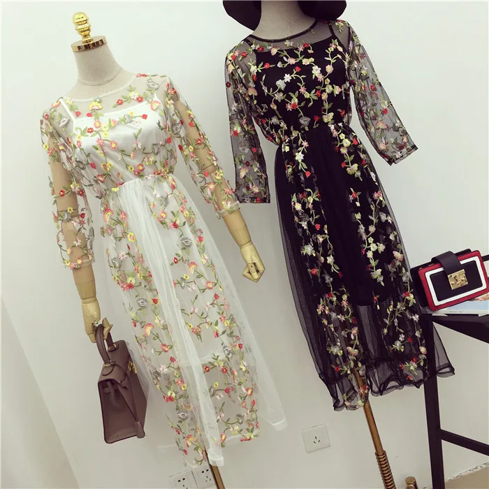 2017 Women Spring Summer Dress Embroidery Floral Mesh Dresses for Woman Female Perspective Costumes | Женская одежда