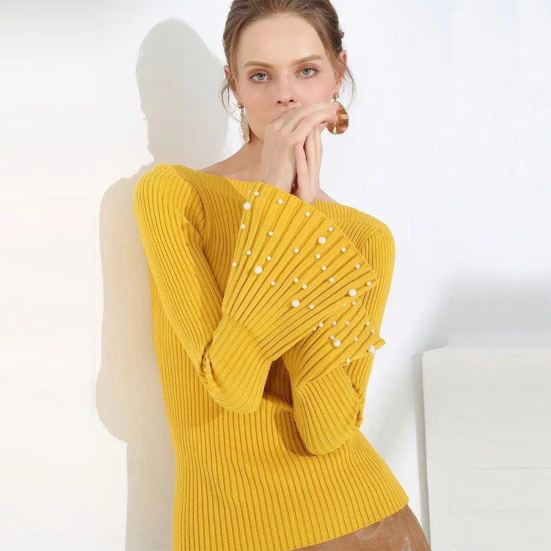 Autumn Women Sweater And Pullovers Knitting Pearl Beading Slim White Femme Tricot Pull | Женская одежда