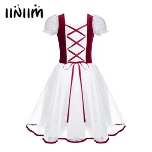 IefielОбувь для девочек Профессиональный балетное платье-пачка бархатные Сетчатое кружево; Футболка с короткими рукавами балетное танцевальное платье, гимнастический купальник