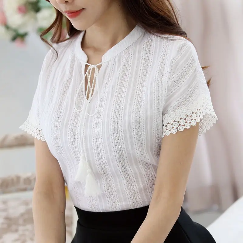 Женская блузка Soperwillton белая кружевная с коротким рукавом на лето 2018|blusas femininas|white