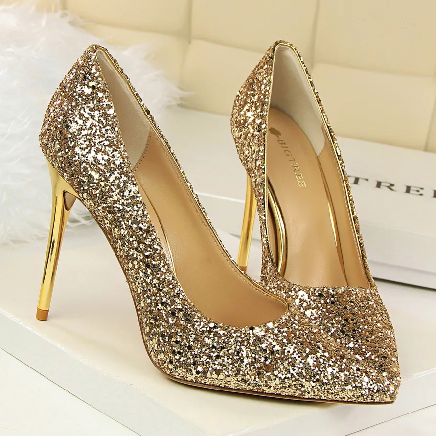 BIGTREE/летние женские туфли с острым носком на высоком каблуке лодочки закрытым