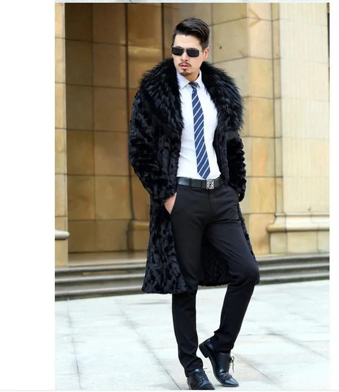 Мужская зимняя шуба из искусственного меха норки повседневная черная длинная