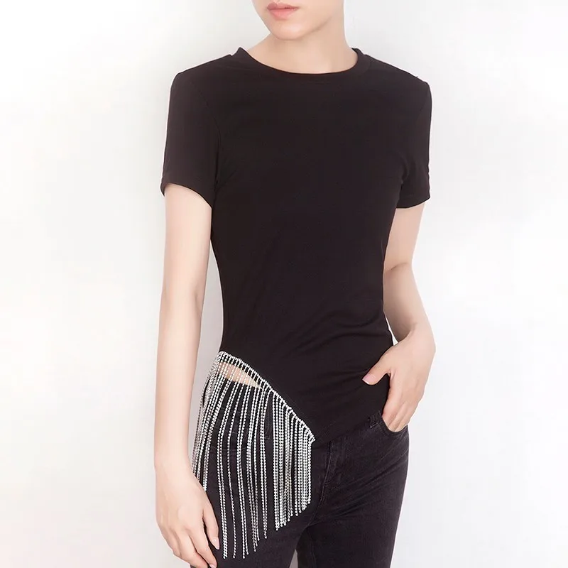 black TWOTWINSTYLE Повседневная однотонная женская футболка с бриллиантами и кисточками в стиле пэчворк, топы с круглым вырезом и коротким рукавом, Женская мода, летняя Корейская Новинка - Цвет: black