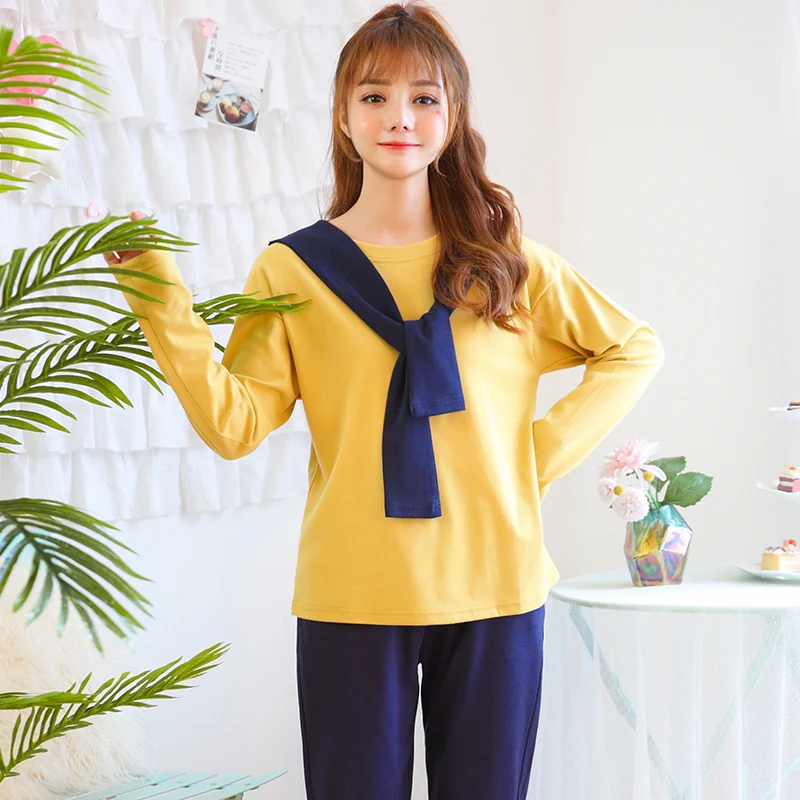 Длинные штаны + топы с длинными рукавами 2 шт./компл. пижамные комплекты хлопковая