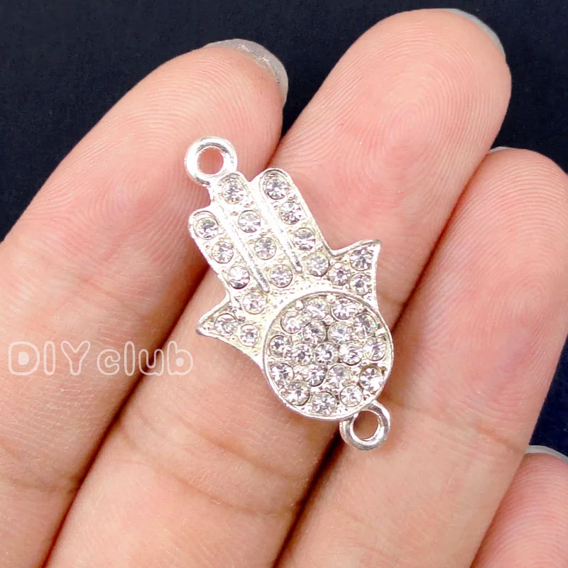 

10pcs-серебряный тон Хамса рука с Стразы соединитель амулеты 31x18мм