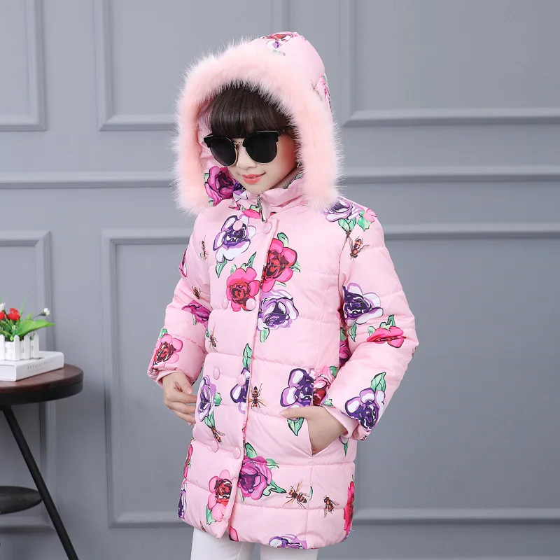 Детские пуховики из хлопка зимняя теплая куртка с меховым воротником и капюшоном