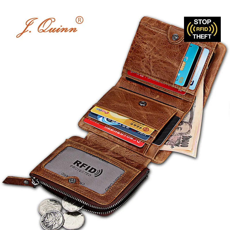 

J.Quinn Short RFID Wallets Removable Zipper Coin Pocket 13 Cards Mini SIM Genuine Leather Mens Wallet Fashion Retro Hasp Trifold