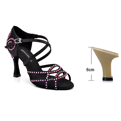Black 6cm SHOYDANC zapatos de baile latino mujer; обувь для латинских танцев; женская обувь из шелкового атласа; профессиональная обувь для сальсы; стразы; обувь для танцев - Цвет: Black 6cm