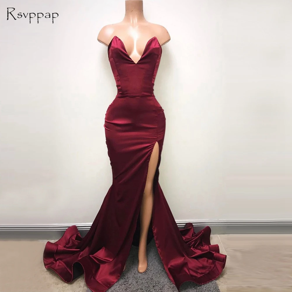 

Simple Long Prom Dresses 2020 V-neck Sleeveless Sexy High Slit Burgundy African Party Prom Dress
