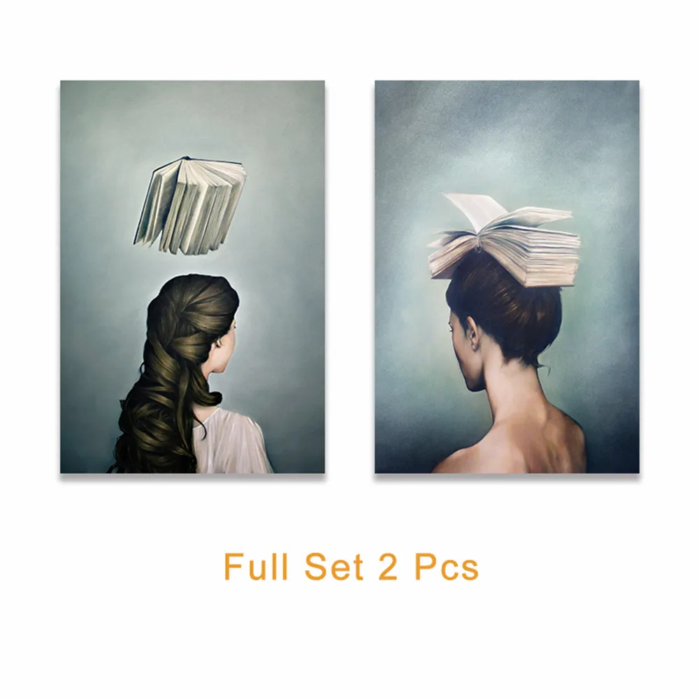 Full Set 2 Pcs Surrealist девушки и книги дизайн холст живопись Современные плакаты и принты художественные настенные картины для гостиной домашний декор - Color: Full Set 2 Pcs