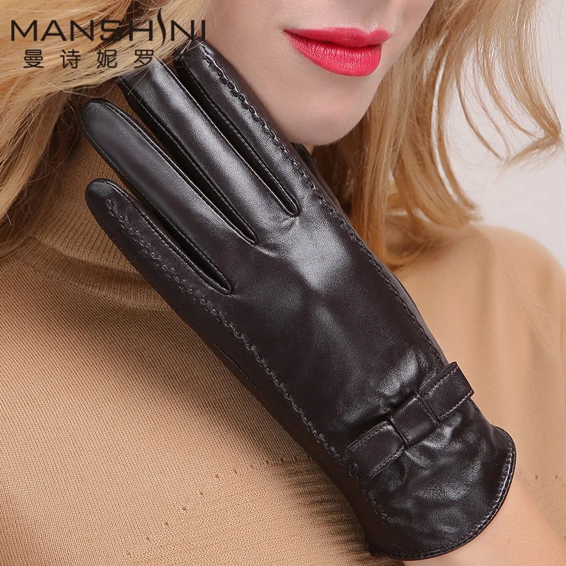 Genuine leather gloves women's fashion gloves winter add velvet thicken warm telefingers gloves touch screen sheepskin gloves068