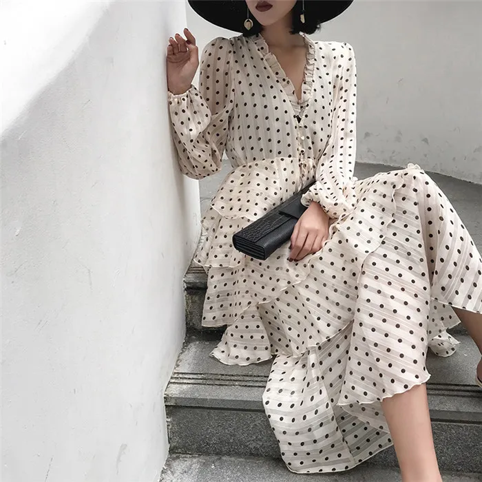 Женское многослойное платье в горошек с v образным вырезом Элегантное Длинное