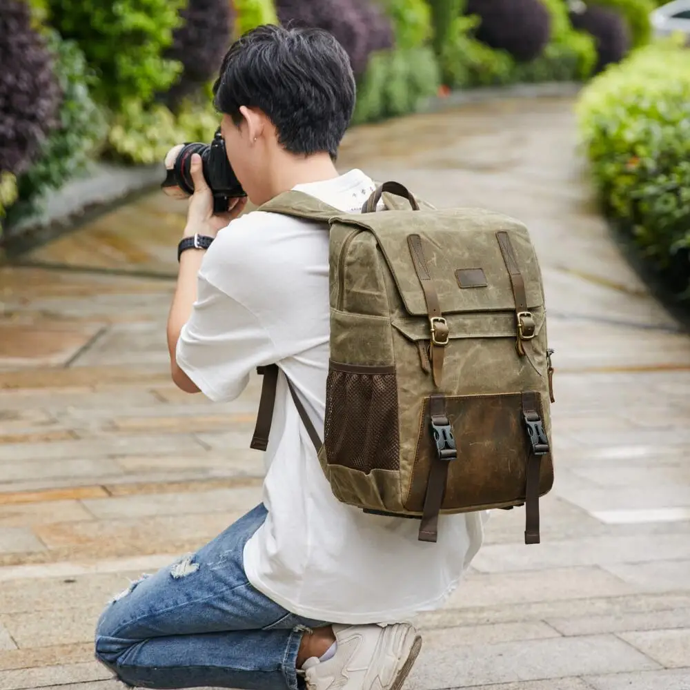 

Waterproof Batik Canvas + Leather Camera Photo Bag Large Capacity Outdoor Travel Shoulder Backpack for Camera/Lens/Tripod/15.6''