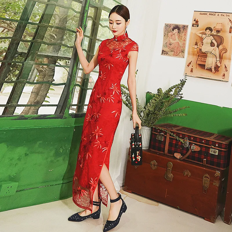 Традиционная китайская Свадебная вечеринка невесты красное кружево Cheongsam qipao