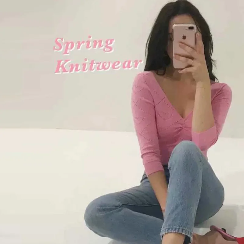 Женская футболка с вырезами розовая в стиле Харадзюку укороченный топ глубоким V