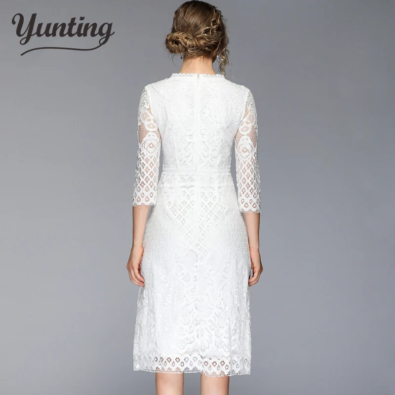 

2021 Summer new fashion sexy v-neck white summer dresses women hollow out Lace dress half sleeve long work casual party dress