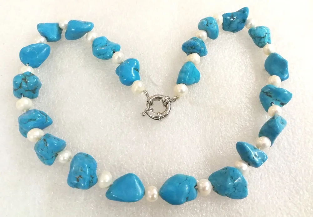 

Woman jewelry 15mm Light blue natural stone Baroque beads white real pearl mixed Necklace natural freshwater pearl gift 18''