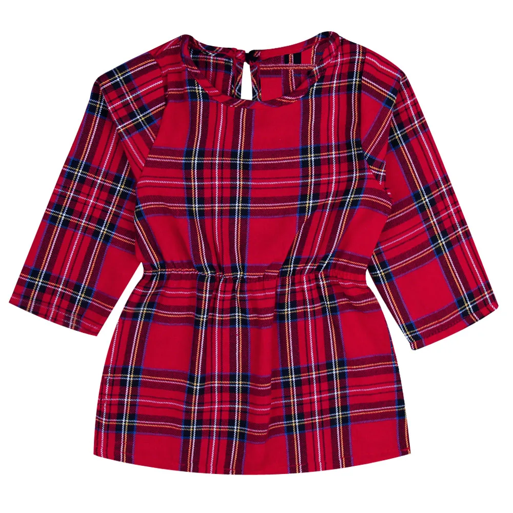 2018 New Arrivals Fashion Casual Elegant Princess Toddler Girls Long Sleeve Black Red Plaid Pleat Waist Cute Mini Dress | Детская одежда