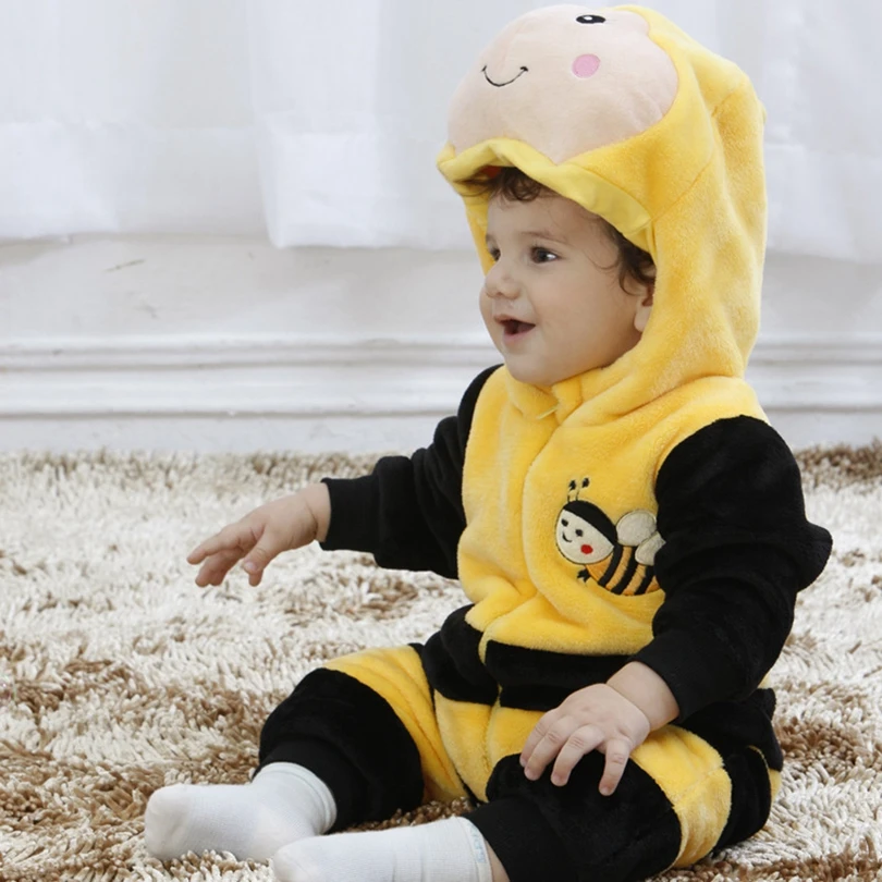 Новинка; Детский комбинезон с изображением животных; желтая пчела; Bebe; Одежда для младенцев; одежда для маленьких мальчиков и девочек; милый фланелевый комбинезон с капюшоном и рисунком; костюм