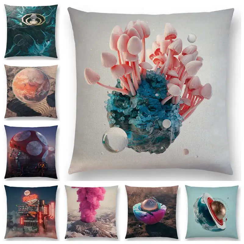

Newest 3d Print Surreal World Amazing Scenery Cushion Cover Metal Sculpture Sofa Throw Pillow Case