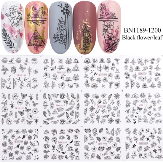 BN1189-1200 12 шт геометрические наклейки для ногтей переводные наклейки цветы Французский маникюр слайдеры украшения для ногтей TRBN1225-1236-1 - Цвет: BN1189-1200