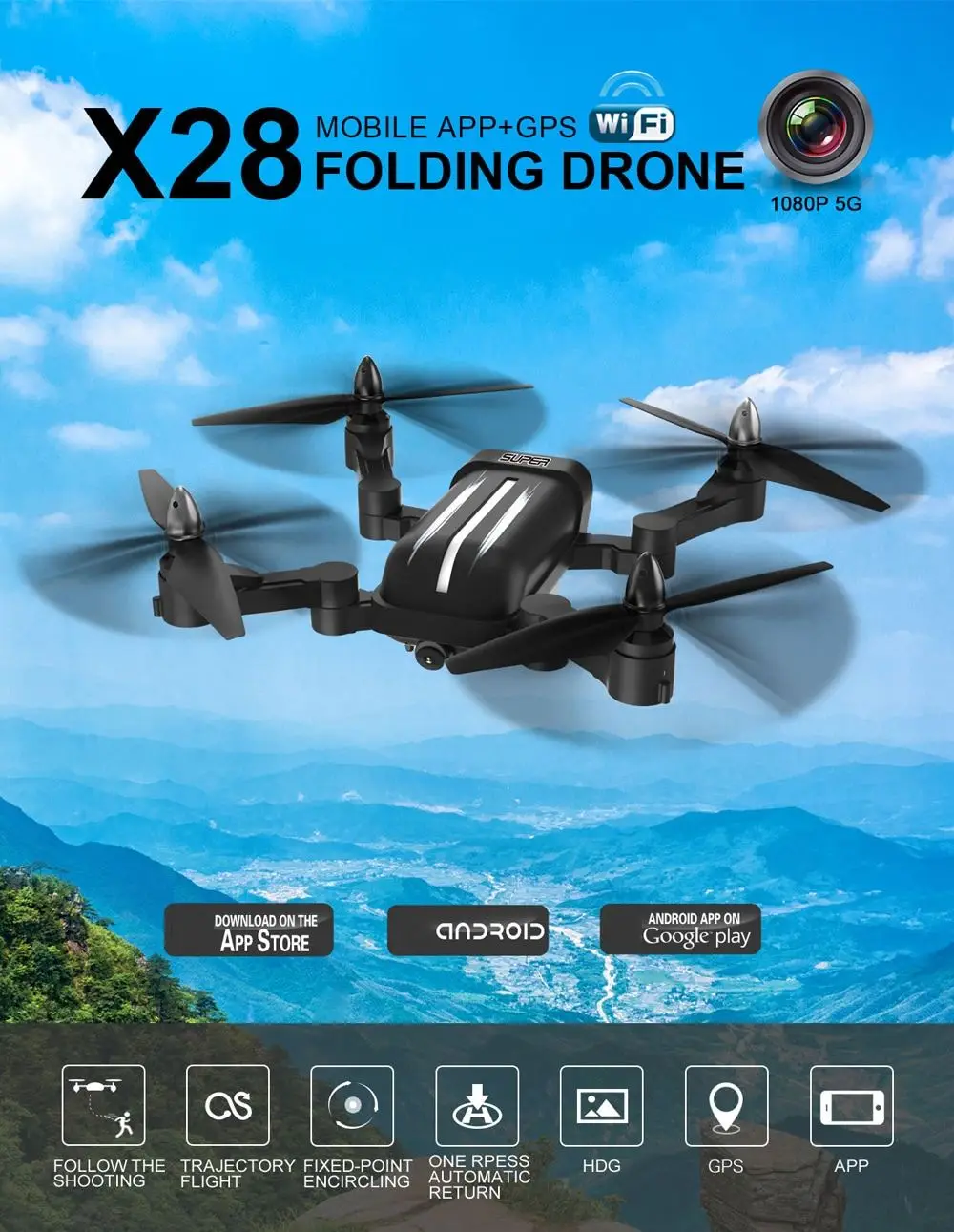 BAYANGTOYS X28 GPS 5G WiFi 1080P FPV Follow Me Дрон Складная широкоугольная HD камера с высоким