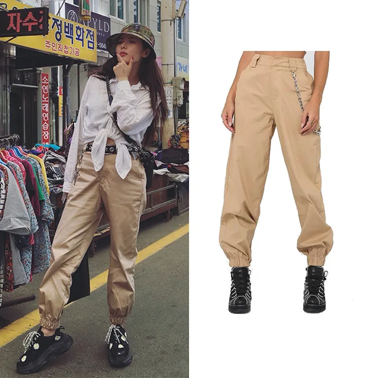 Женские брюки-карго KoHuiJoo уличные брюки с высокой талией и поясом штаны-карго на