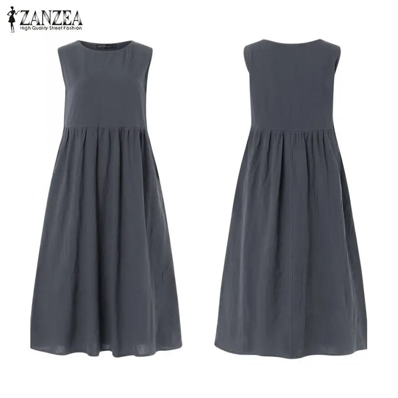 Sleeveless Dark Grey Женский льняной сарафан ZANZEA размера плюс летнее платье миди Повседневная рубашка с коротким рукавом с высокой талией плиссированное платье Femme - Цвет: Sleeveless Dark Grey