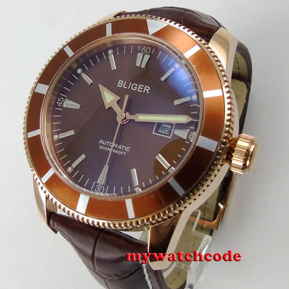 Мужские автоматические часы 46 мм с коричневым циферблатом светящиеся отметки