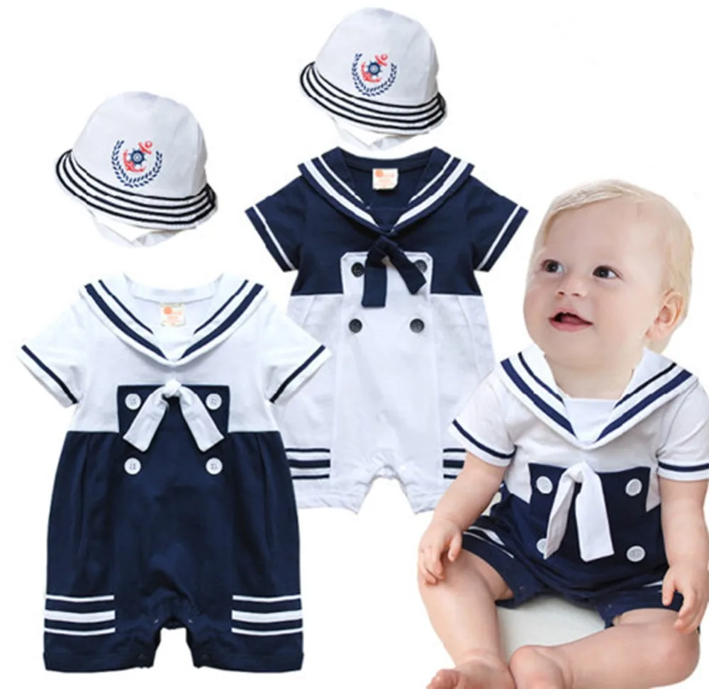 2 Pcs Baby Boy Sailor Jumpsuit Marine Navy Short Sleeve Romper + Hat Outfit Sets Suit for 2-18 Months |