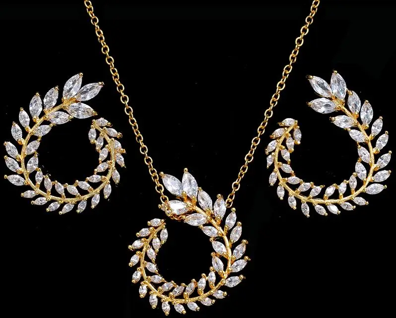 18k gold Bettyue Мода Горячая AAA многоцветный Циркон личности три цвета Оливковая ветвь Ювелирные наборы для женщин Свадебные украшения - Окраска металла: 18k gold