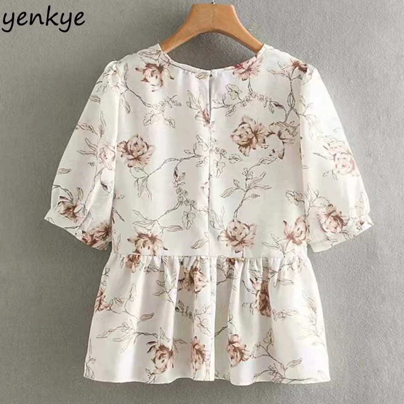Мода 2019 Женская прерия шик Цветочный принт блузка Femme Круглый вырез короткий