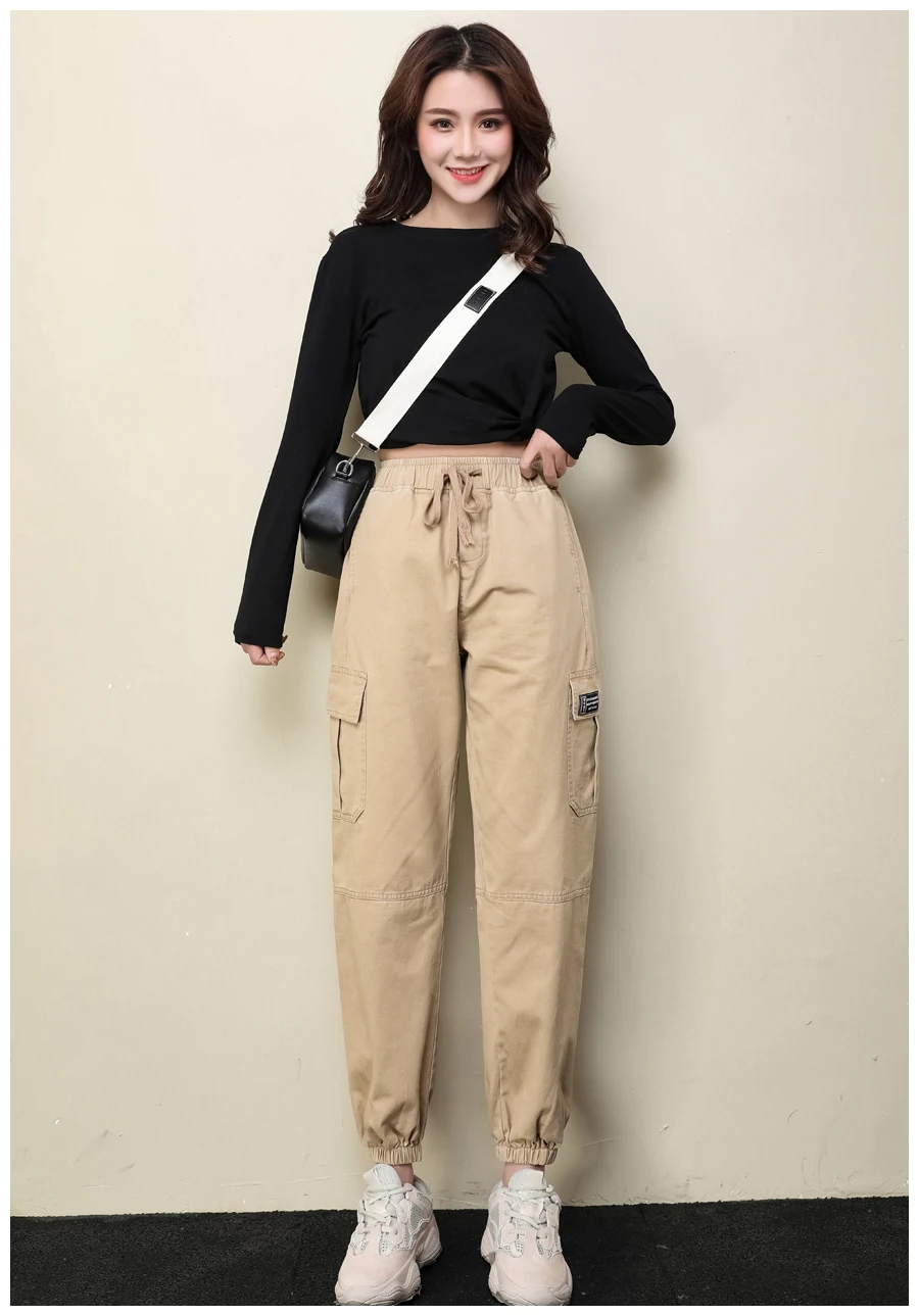 Модные брюки-карго с высокой талией для женщин однотонные Свободные