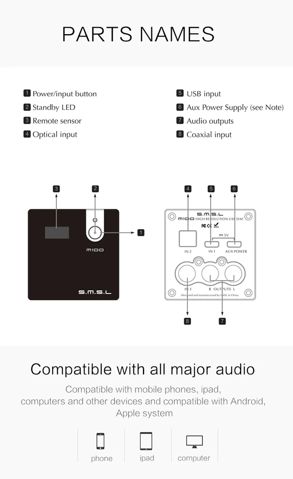 SMSL SA100+ SMSL M100 Hifi Профессиональный усилитель мощности 50 Вт Bluetooth M100 USB DAC DSD512 XMOS XU208