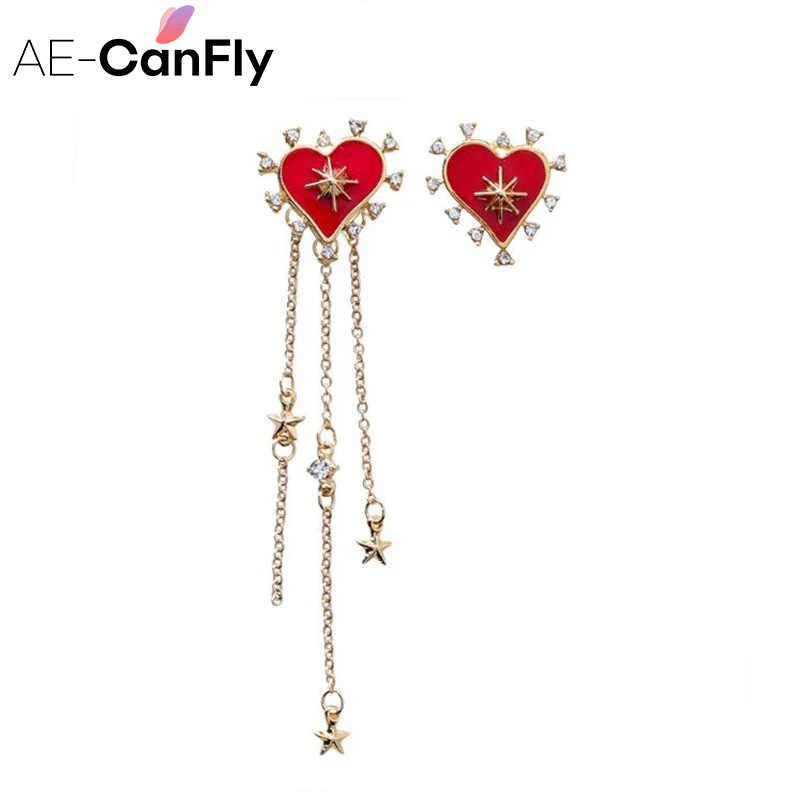 AE CANFLY 2020 корейские серьги с подвесками асимметричные красным сердцем подвески
