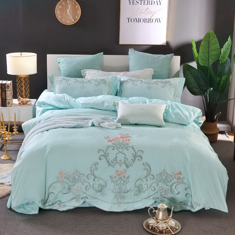 2018 Luxury 80S Tencel Bedding Set Queen King size embroidery Duvet Cover Bed sheet set Pillowcase | Дом и сад