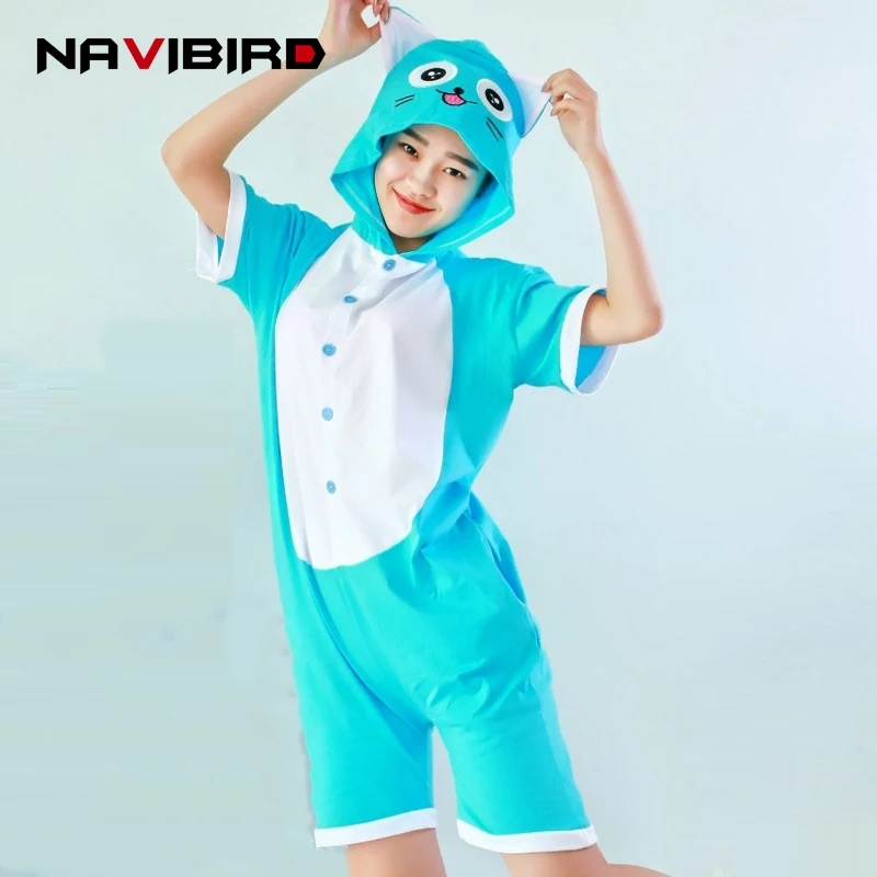 Hooeded животного кошка стежка Пижама Кигуруми для взрослых летние хлопковые Onsie