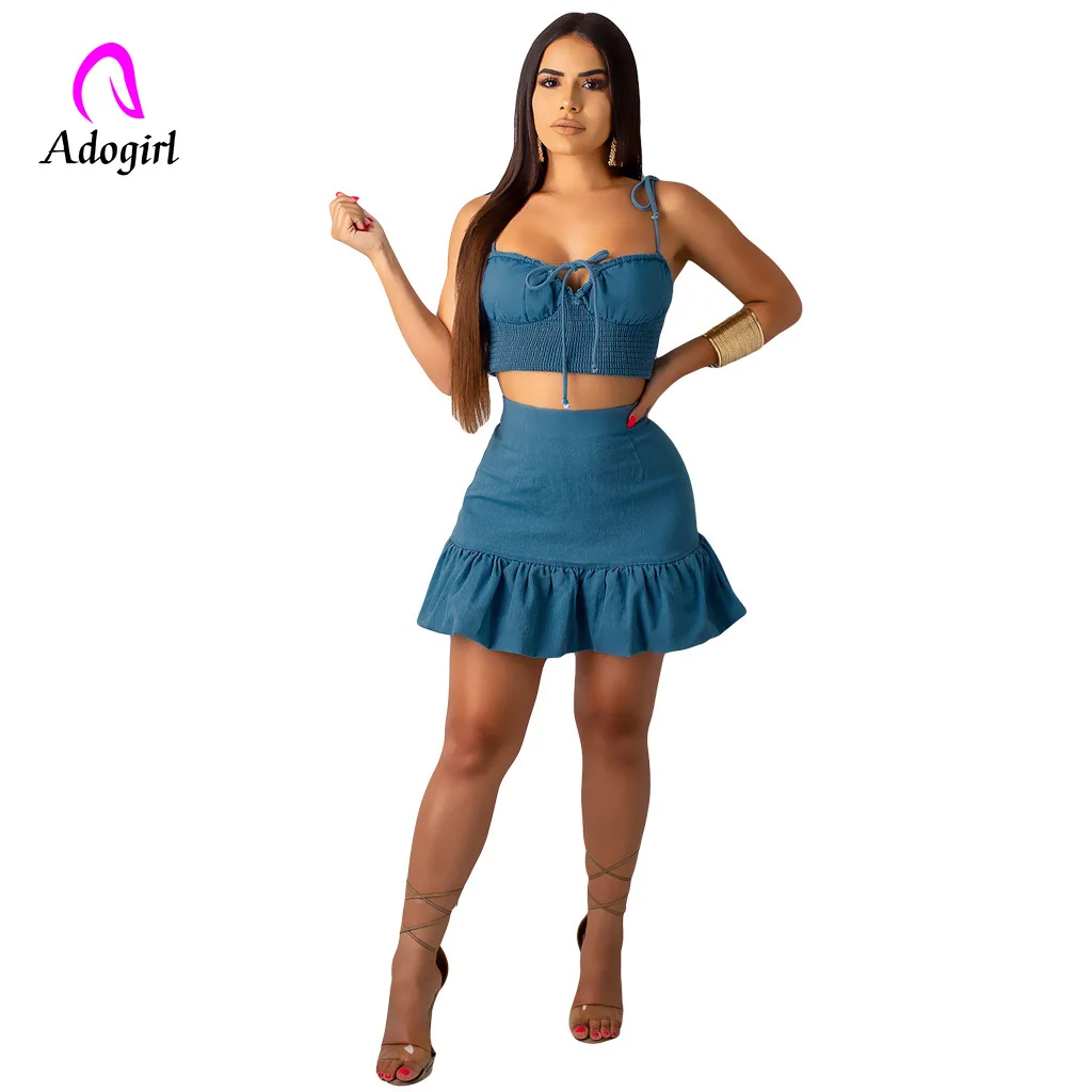 Женский комплект из 2 предметов Adogirl летний темно синий с юбкой оборками