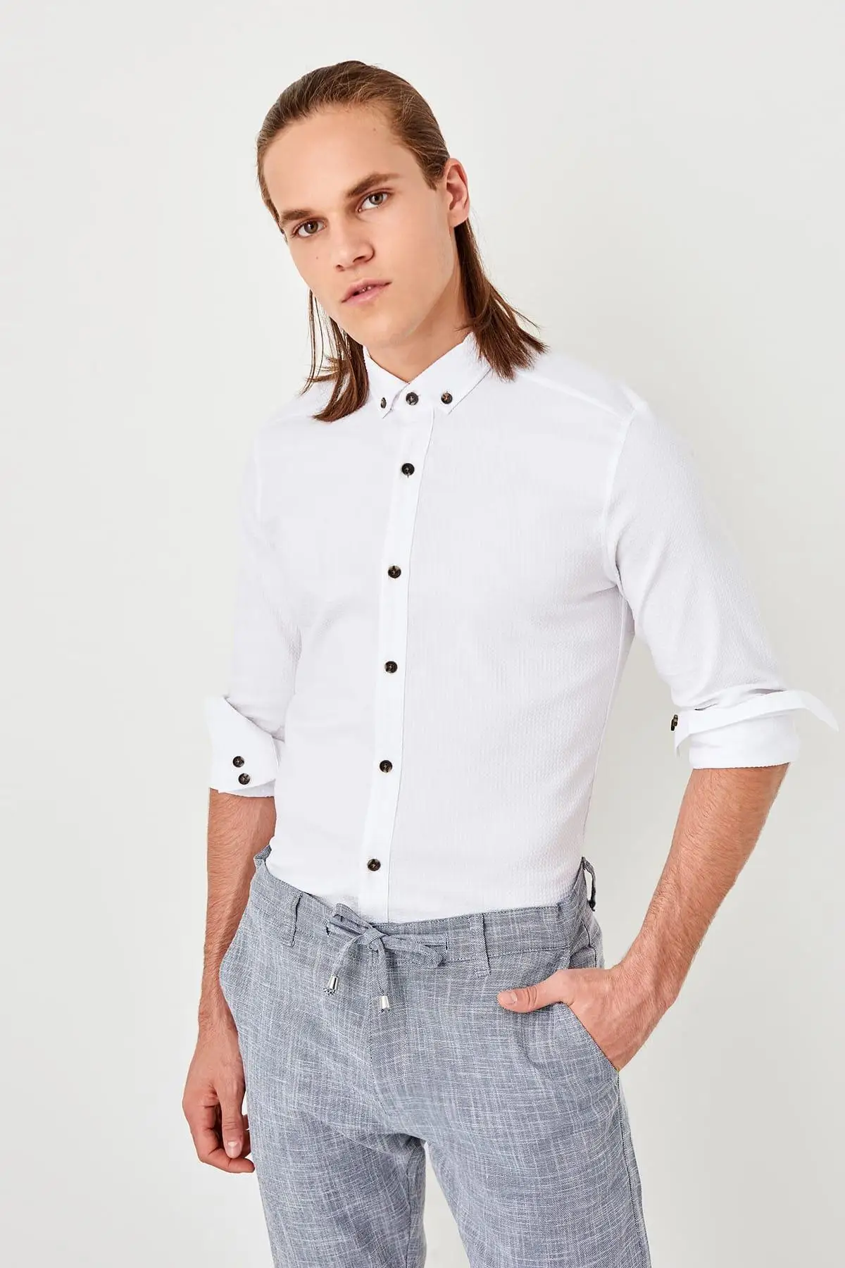 Trendyol белая мужская приталенная рубашка с длинным рукавом TMNSS19RS0056| |