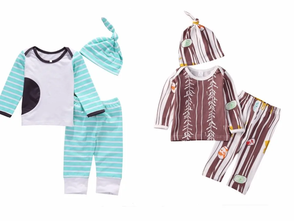 

Infant Baby Clothes Suit Color Matching Print Tops Stried Pants Hat 3pcs Spring Casual Bebe Children Clothing Sets