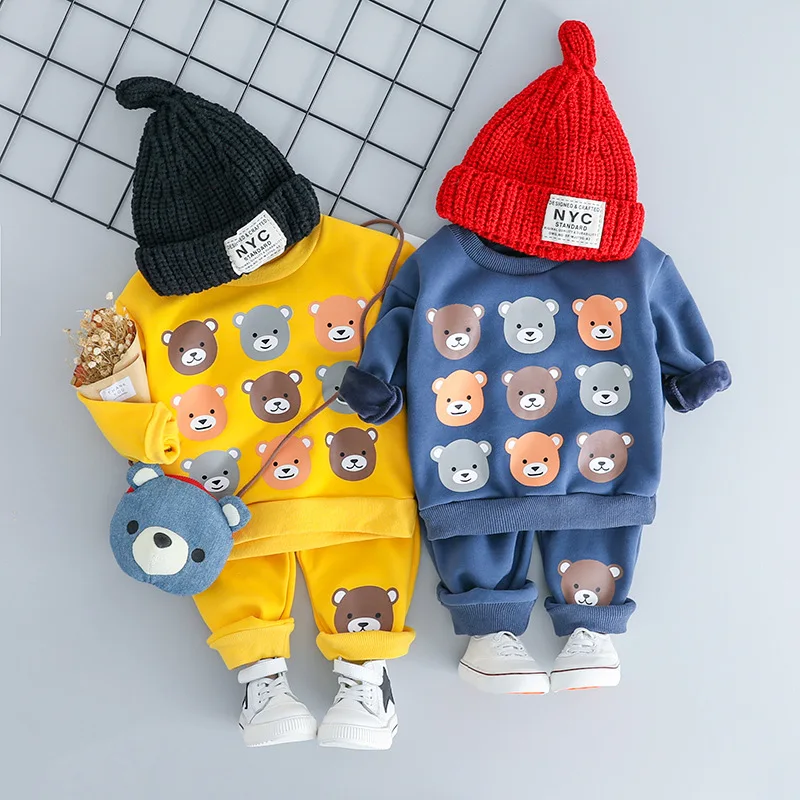 New Winter Baby Boys Long Sleeve Cute bear Fleece Hoodies Sweatshirt + Casual Trousers Kids Girls Two Pieces Suits Clothing Sets | Детская